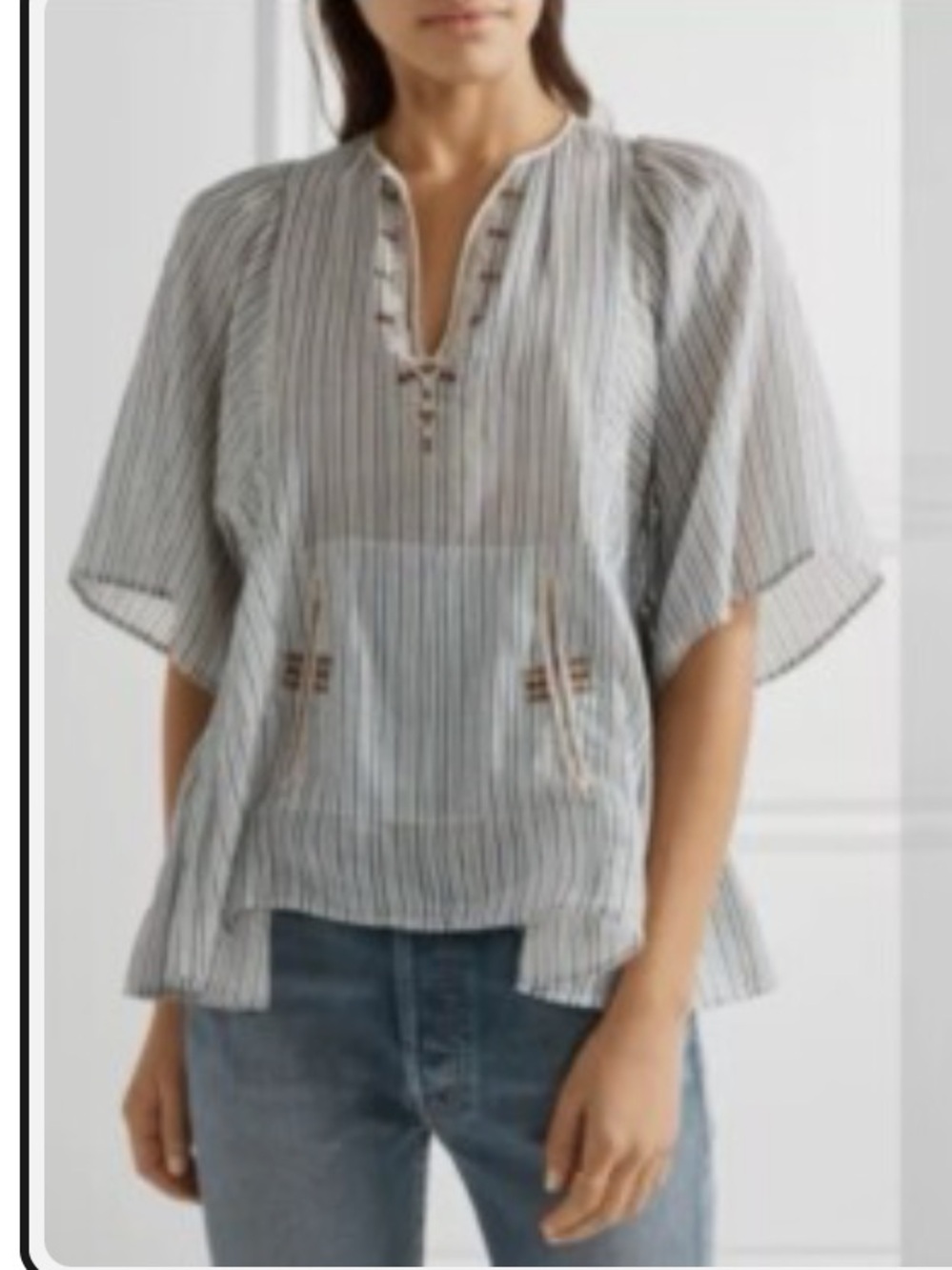 ISABEL MARANT Etoile Striped Joy Top Blouse Pocket Embroidered Shirt Sz 34 US